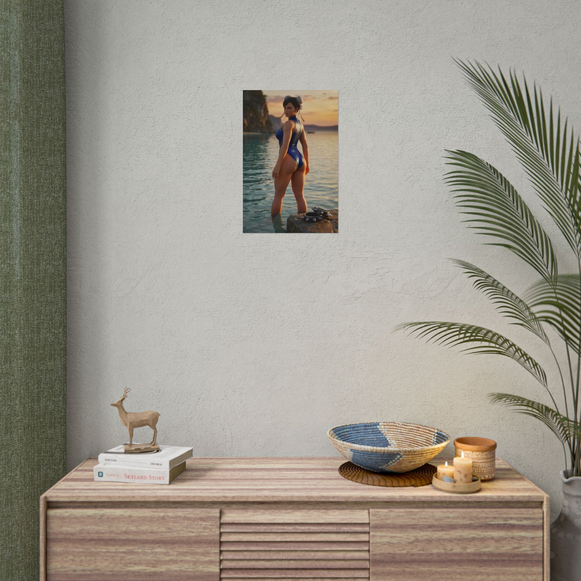 Street Fighter Poster – Chun-Li Art Print, Fighting Game Wall Art showing Chun-Li standing in ocean water at golden sunset, cinematic pose