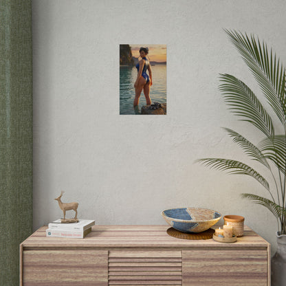 Street Fighter Poster – Chun-Li Art Print, Fighting Game Wall Art showing Chun-Li standing in ocean water at golden sunset, cinematic pose