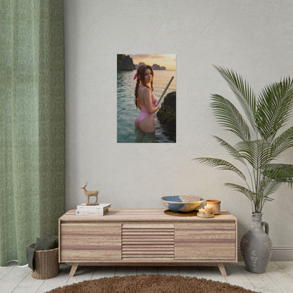 Final Fantasy Poster – Aerith Gainsborough Art Print, JRPG Game Wall Art showing Aerith standing in shallow ocean water at sunset with cinematic lighting