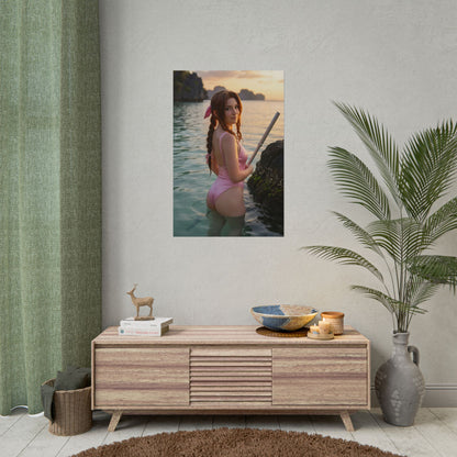 Final Fantasy Poster – Aerith Gainsborough Art Print, JRPG Game Wall Art featuring Aerith standing in shallow ocean at sunset