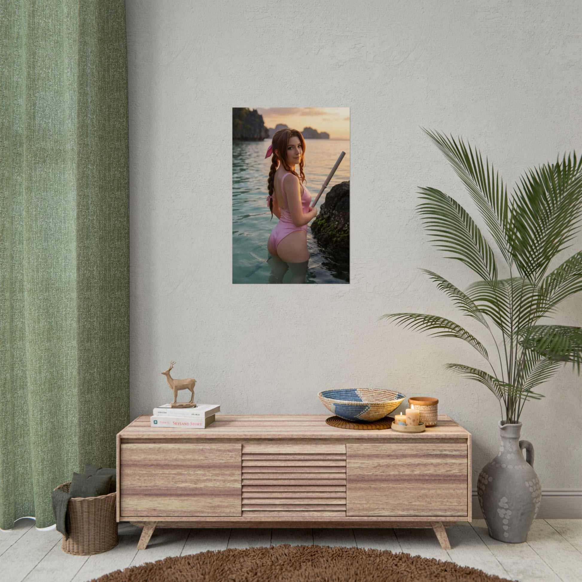 Final Fantasy Poster – Aerith Gainsborough Art Print, JRPG Game Wall Art featuring Aerith standing in shallow ocean at golden sunset
