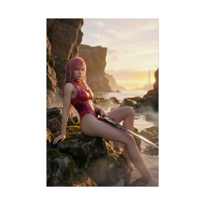 Final Fantasy Poster – Lightning Art Print, Sci-Fi Fantasy Wall Art showing Lightning seated on rocky shoreline at sunset holding her iconic weapon