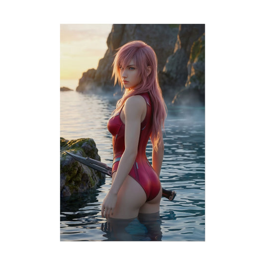 Final Fantasy Poster – Lightning Art Print, Fantasy Game Wall Art showing Lightning in red swimsuit with sword on rugged coastline at sunset
