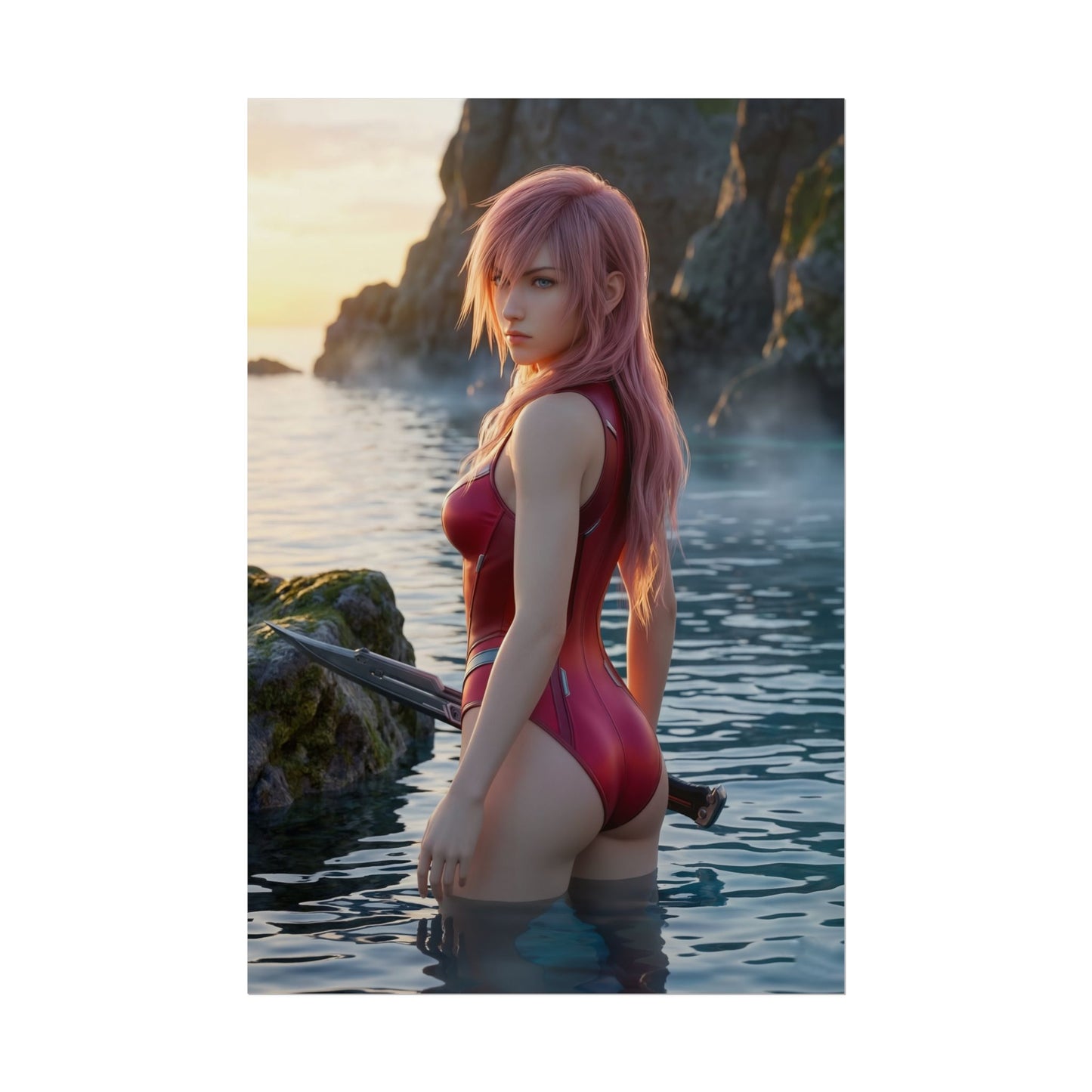 Final Fantasy Poster – Lightning Art Print, Fantasy Game Wall Art showing Lightning with pink hair and sword standing in coastal water at sunset