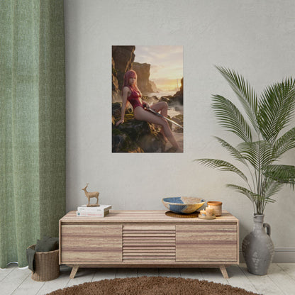 Final Fantasy Poster – Lightning Art Print, Sci-Fi Fantasy Wall Art showing Lightning seated on rocky shoreline with weapon and golden skyline