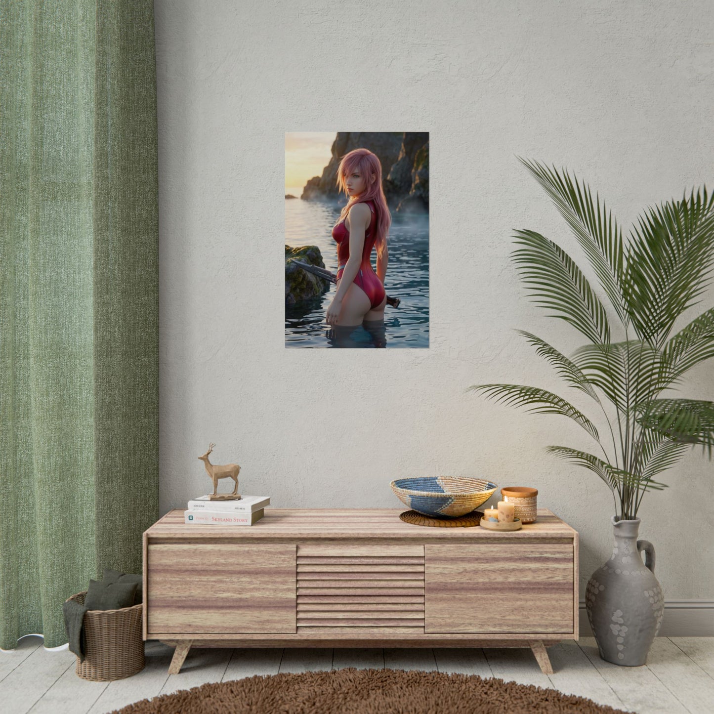 Final Fantasy Poster – Lightning Art Print, Fantasy Game Wall Art featuring Lightning by the sea at sunset, pink hair and futuristic sword