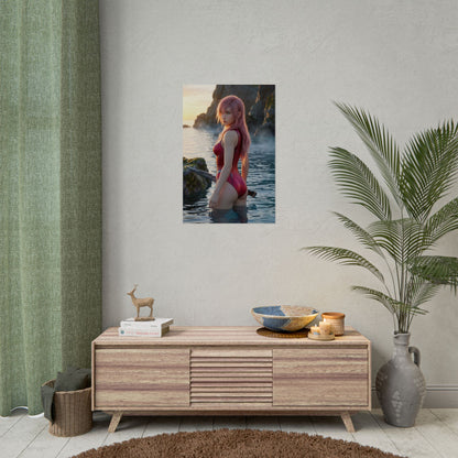 Final Fantasy Poster – Lightning Art Print, Fantasy Game Wall Art featuring Lightning by the sea at sunset, pink hair and futuristic sword
