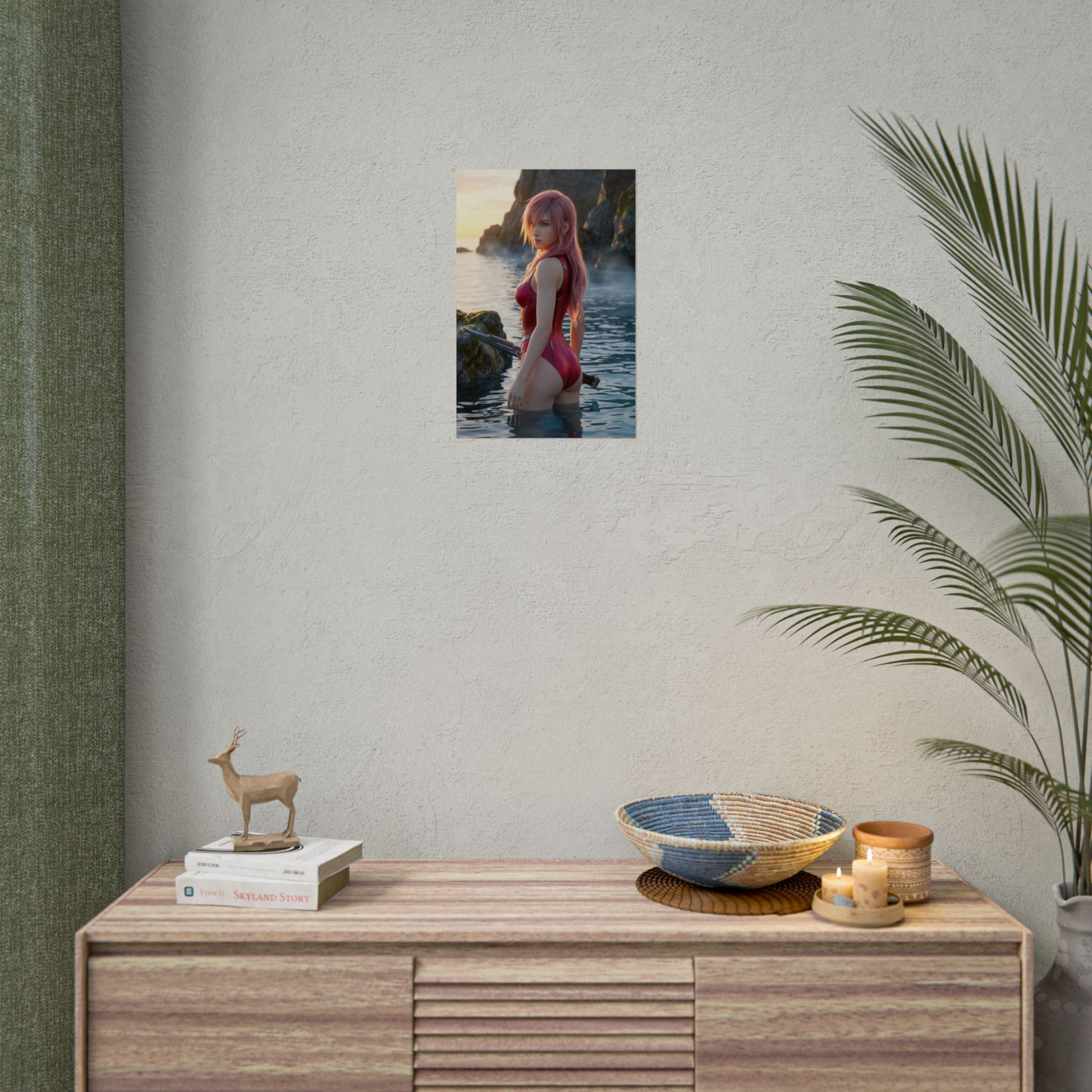 Final Fantasy Poster – Lightning Art Print, Fantasy Game Wall Art showing Lightning in swimsuit at sunset over rocky coastline