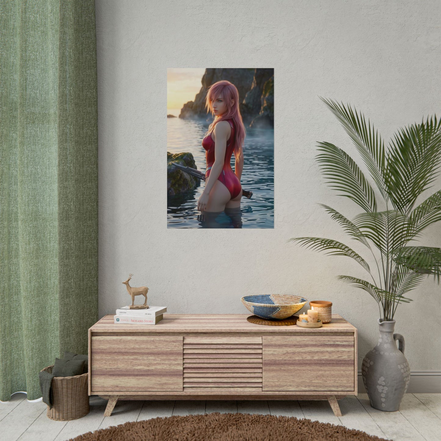 Final Fantasy Poster – Lightning Art Print, Fantasy Game Wall Art featuring Lightning standing in water at sunset with sword and pink hair