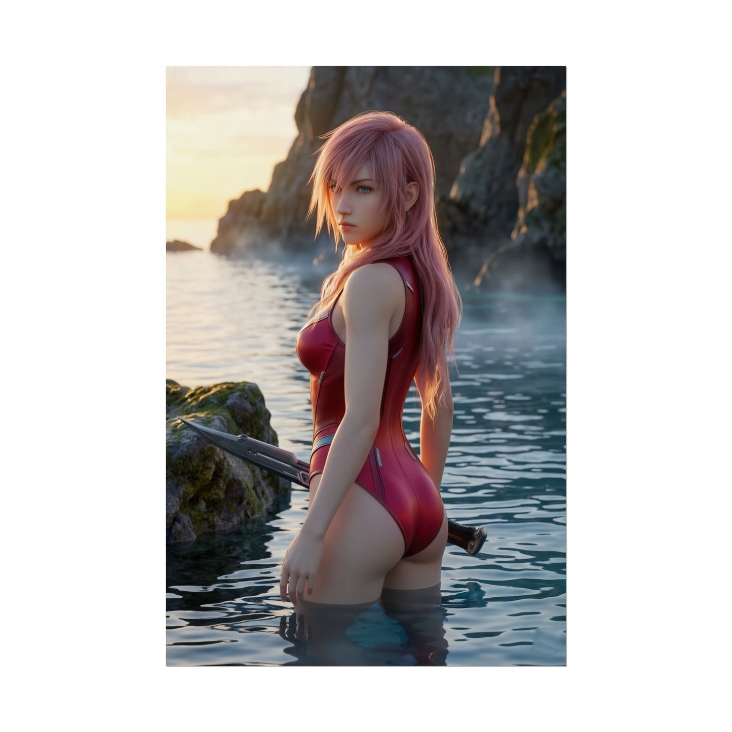 Final Fantasy Poster – Lightning Art Print, Fantasy Game Wall Art featuring Lightning with pink hair and sword on a rugged coastline at sunset
