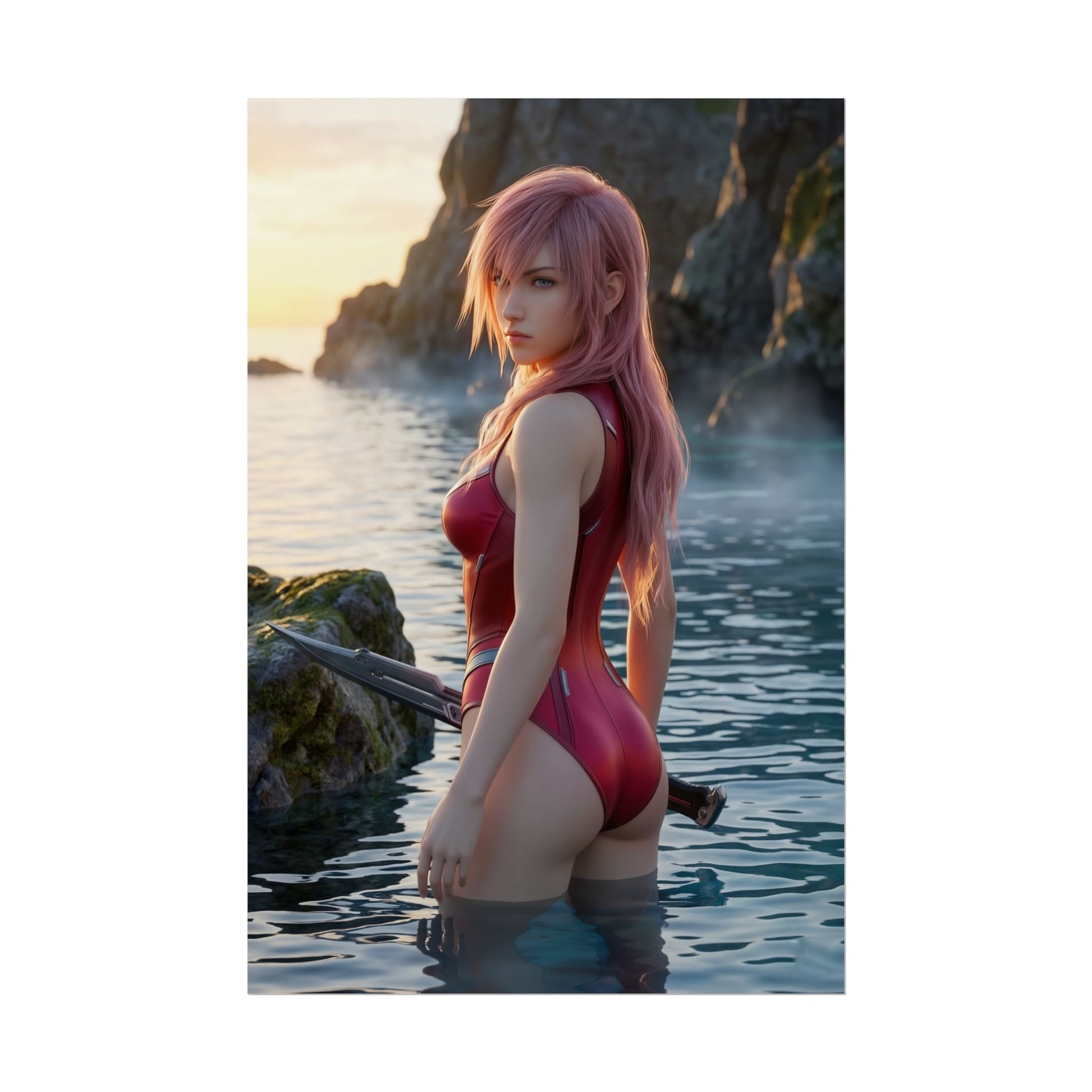 Final Fantasy Poster – Lightning Art Print, Fantasy Game Wall Art featuring Lightning with pink hair and sword on a rugged coastline at sunset