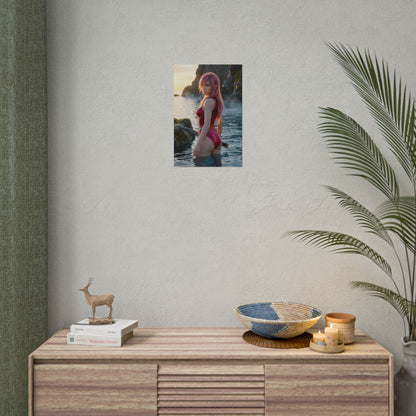 Final Fantasy Poster – Lightning Art Print, Fantasy Game Wall Art showing Lightning at sunset on rugged coastline with sword and pink hair