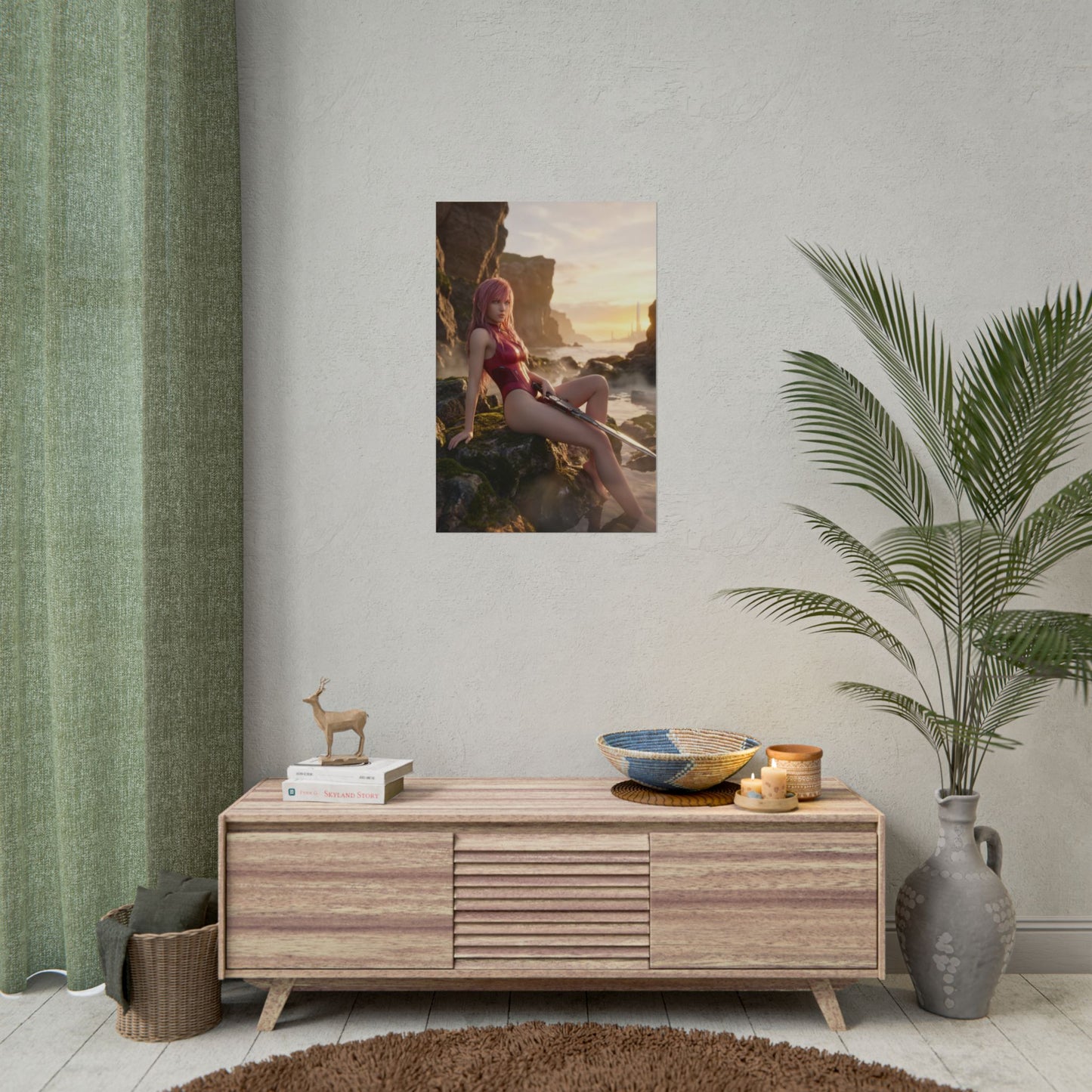 Final Fantasy Poster – Lightning Art Print, Sci-Fi Fantasy Wall Art of Lightning resting on rocky shoreline with golden light and futuristic skyline