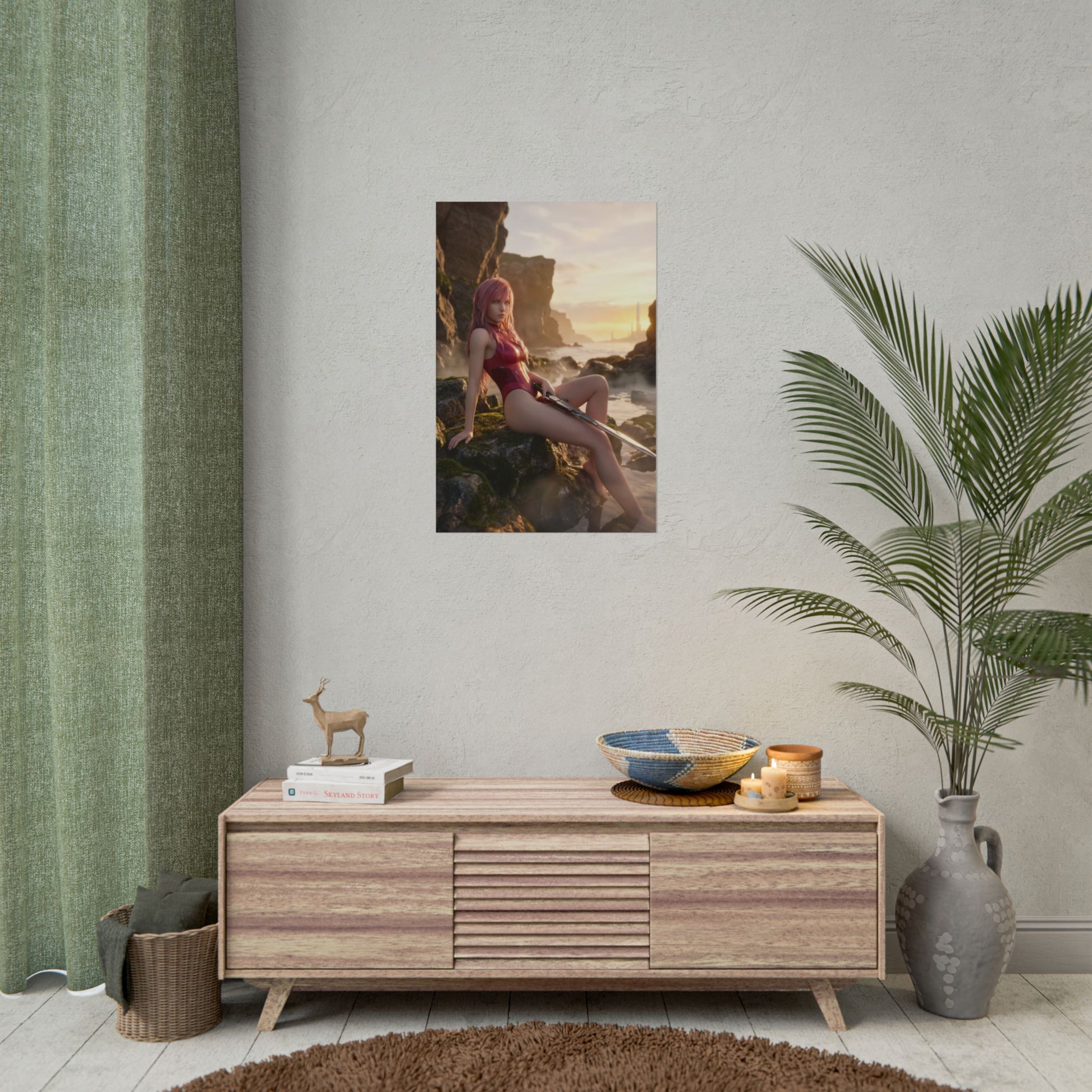 Final Fantasy Poster – Lightning Art Print, Sci-Fi Fantasy Wall Art of Lightning resting on rocky shoreline with golden light and futuristic skyline