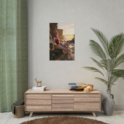 Final Fantasy Poster – Lightning Art Print, Sci-Fi Fantasy Wall Art of Lightning resting on rocky shoreline with golden light and futuristic skyline
