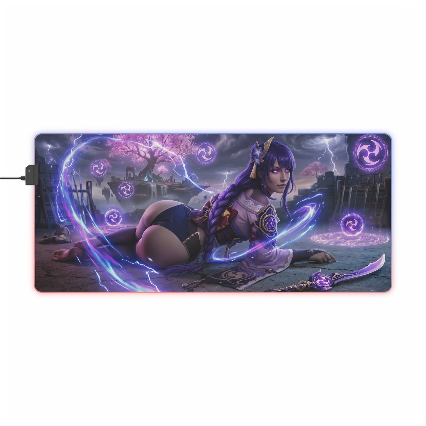 Genshin Impact Mouse Pad, Raiden Shogun LED RGB Desk Mat, Gift for Gamer, Anime Room Decor - Raiden Shogun purple lightning anime desk mat