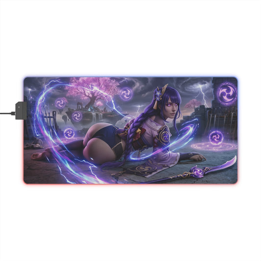 Genshin Impact Mouse Pad, Raiden Shogun LED RGB Desk Mat, Gift for Gamer, Anime Room Decor — Raiden Shogun purple lightning desk mat with smooth precision-cloth surface