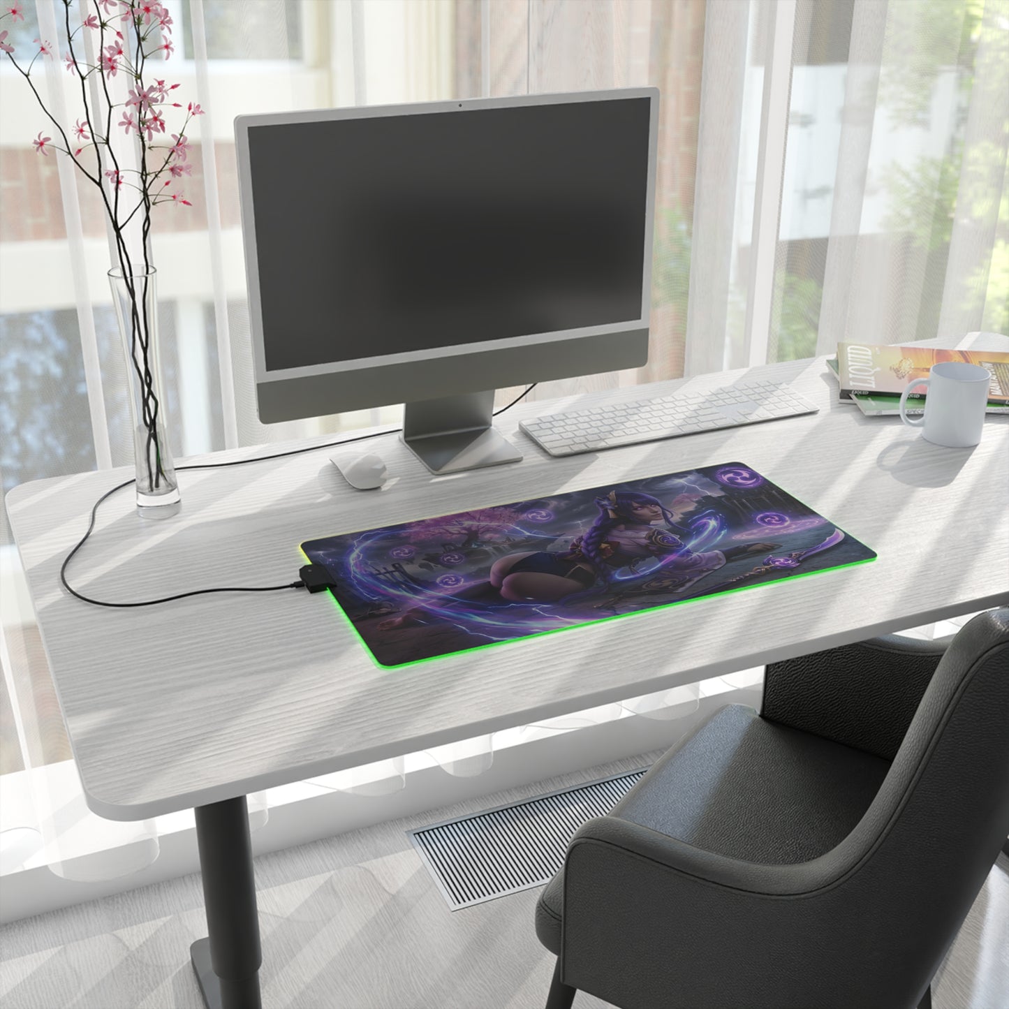 Genshin Impact Mouse Pad, Raiden Shogun LED RGB Desk Mat, Gift for Gamer, Anime Room Decor – purple Raiden Shogun desk mat with RGB edge on modern desk