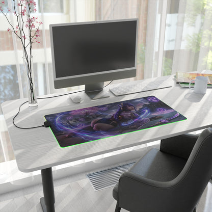 Genshin Impact Mouse Pad, Raiden Shogun LED RGB Desk Mat, Gift for Gamer, Anime Room Decor on desk with purple lightning artwork and RGB edge