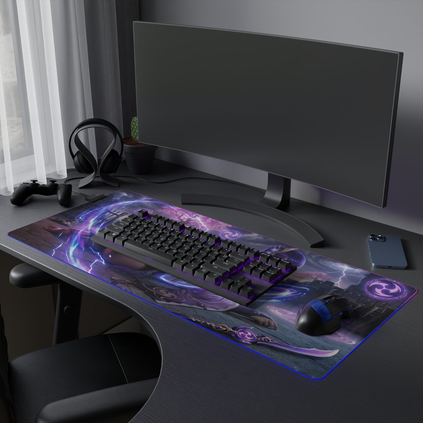 Genshin Impact Mouse Pad, Raiden Shogun LED RGB Desk Mat, Gift for Gamer, Anime Room Decor - purple lightning anime gaming desk mat