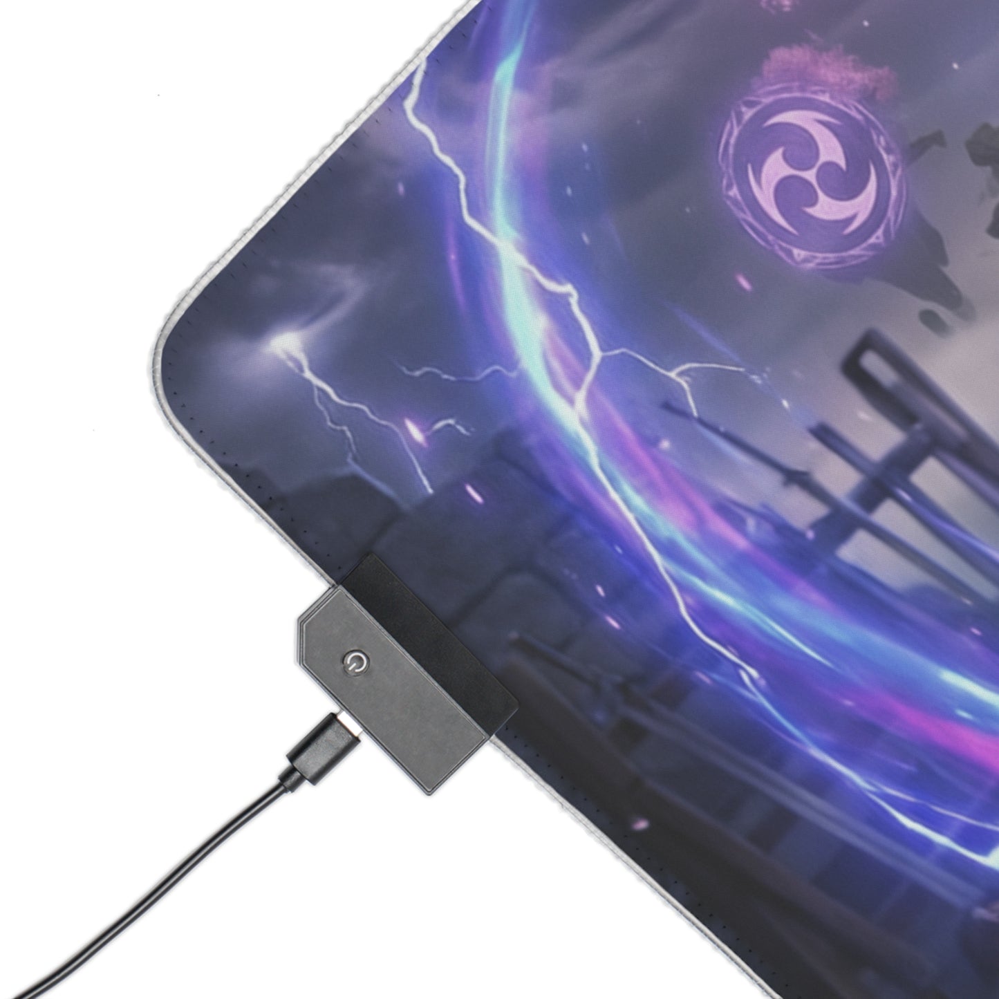 Genshin Impact Mouse Pad, Raiden Shogun LED RGB Desk Mat, Gift for Gamer, Anime Room Decor — close-up of purple lightning LED corner and USB connector