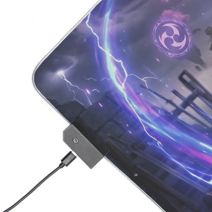 Genshin Impact Mouse Pad, Raiden Shogun LED RGB Desk Mat, Gift for Gamer, Anime Room Decor — close-up of purple lightning LED corner and USB connector