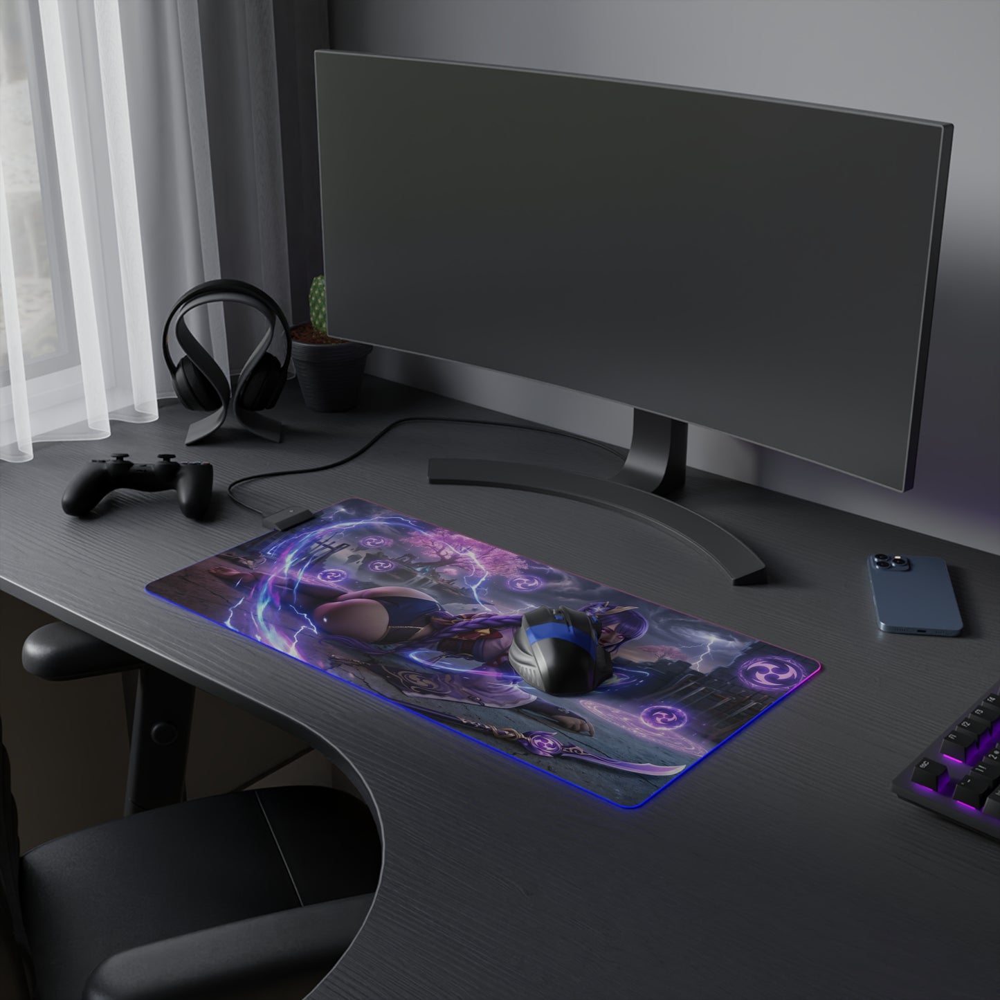 Genshin Impact Mouse Pad, Raiden Shogun LED RGB Desk Mat, Gift for Gamer, Anime Room Decor - purple Raiden Shogun art on RGB desk mat