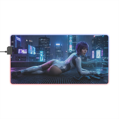 Ghost in the Shell Mouse Pad, Motoko Kusanagi LED RGB Desk Mat, Gift for Gamer, Cyberpunk Room Decor - neon cyberpunk desk mat with Motoko in rain-soaked skyline