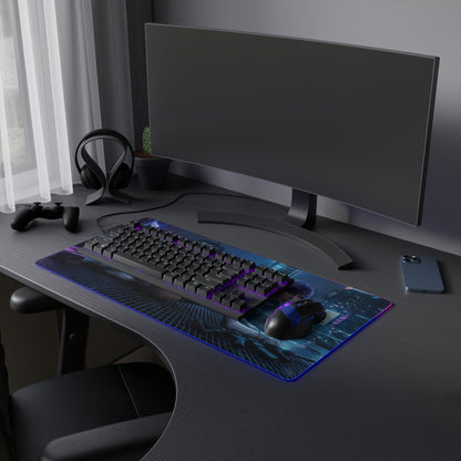 Ghost in the Shell Mouse Pad, Motoko Kusanagi LED RGB Desk Mat, Gift for Gamer, Cyberpunk Room Decor — neon cyberpunk desk mat with keyboard and mouse