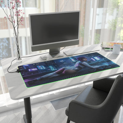 Ghost in the Shell Mouse Pad, Motoko Kusanagi LED RGB Desk Mat, Gift for Gamer, Cyberpunk Room Decor — neon Motoko on large RGB desk mat
