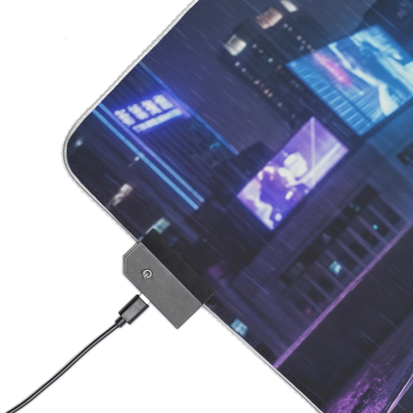 Ghost in the Shell Mouse Pad, Motoko Kusanagi LED RGB Desk Mat, Gift for Gamer, Cyberpunk Room Decor — corner view with USB LED controller and rainy neon city artwork
