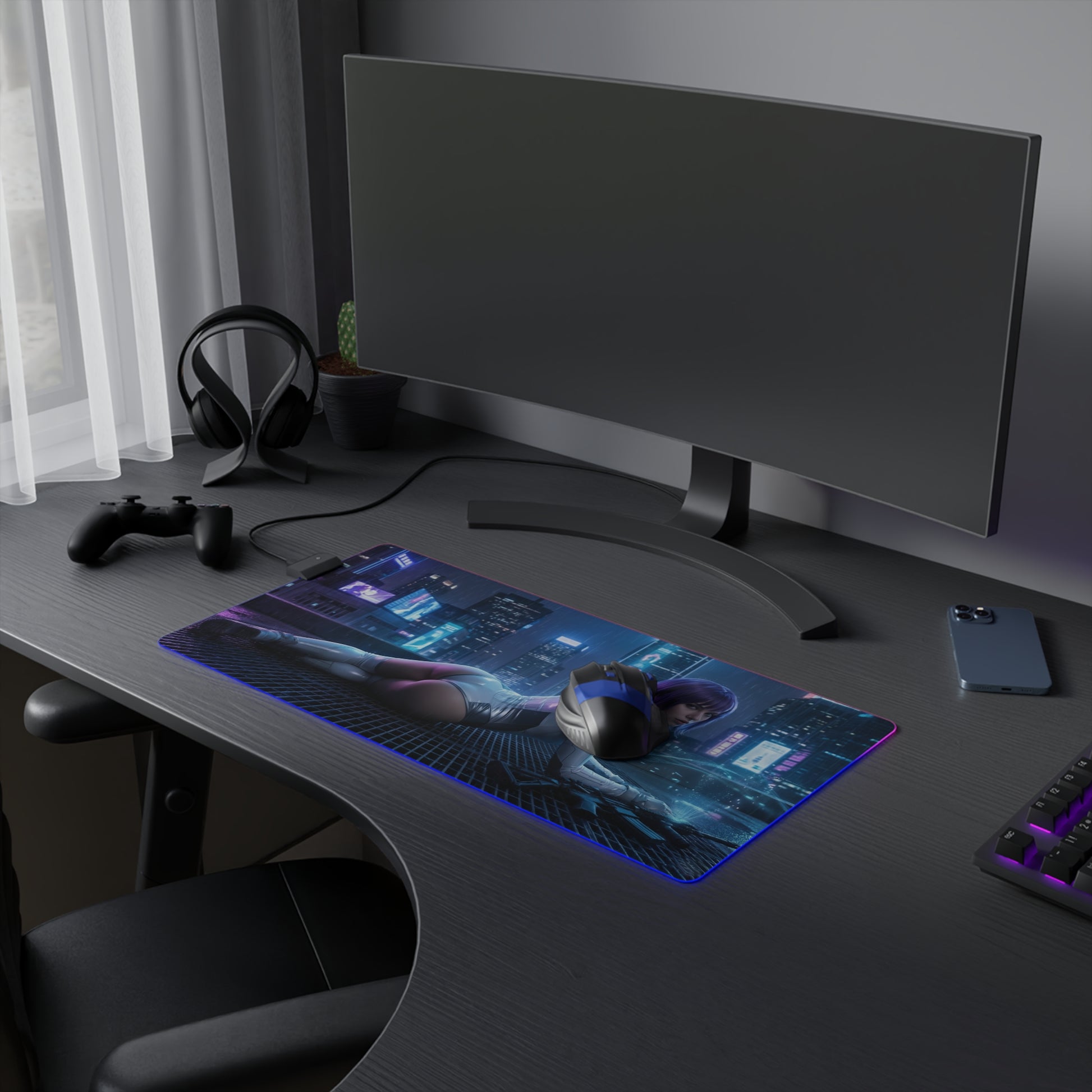 Ghost in the Shell Mouse Pad, Motoko Kusanagi LED RGB Desk Mat, Gift for Gamer, Cyberpunk Room Decor - neon Motoko gaming desk mat with LED RGB edges