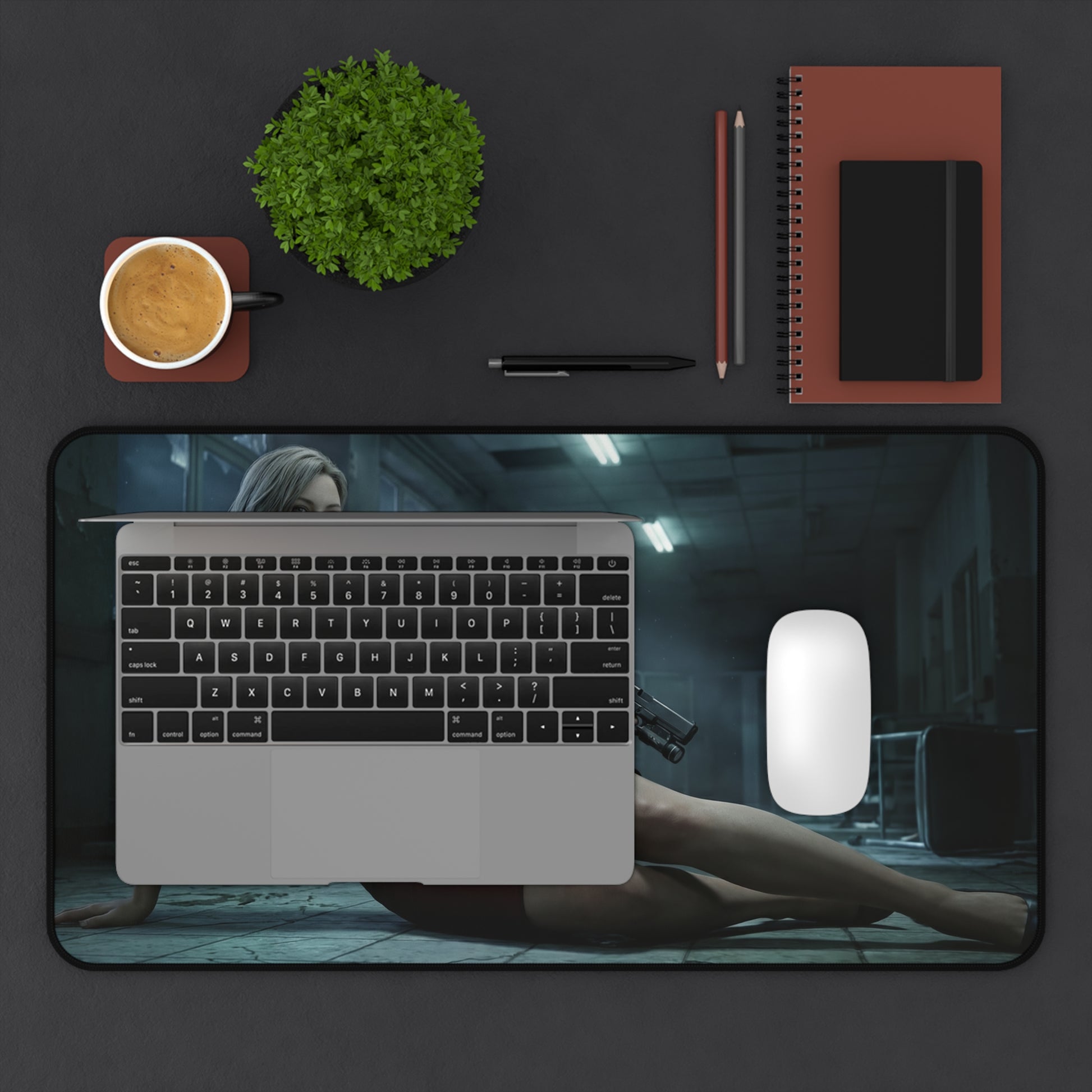 Grace Ashcroft Desk Mat, Resident Evil Mouse Pad, Stylish Gamer Desk Decor showing cinematic heroine scene on gaming desk mat with laptop and mouse