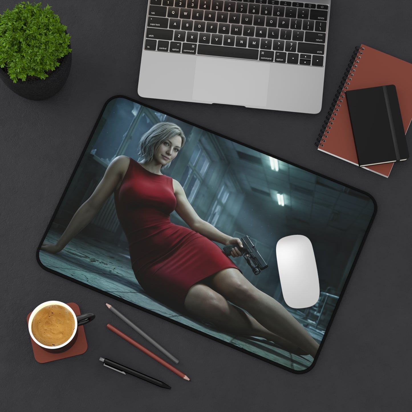 Grace Ashcroft Desk Mat, Resident Evil Mouse Pad, Stylish Gamer Desk Decor showing heroine in red dress holding handgun on cinematic ruined background