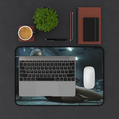 Grace Ashcroft Desk Mat, Resident Evil Mouse Pad, Stylish Gamer Desk Decor on desk with laptop, mouse and coffee showcasing cinematic survival-horror artwork