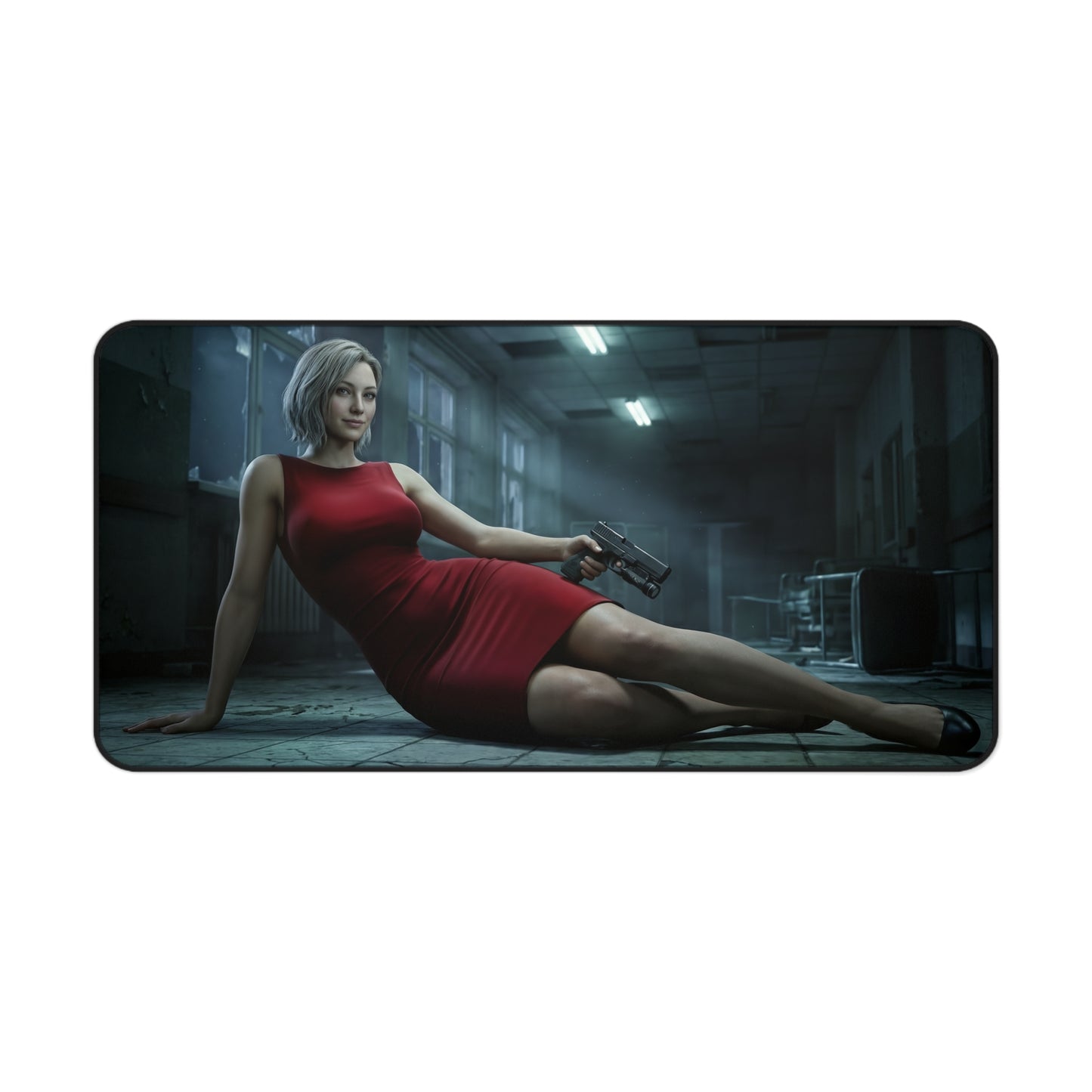 Grace Ashcroft Desk Mat, Resident Evil Mouse Pad, Stylish Gamer Desk Decor featuring heroine in red dress holding pistol in atmospheric ruined room