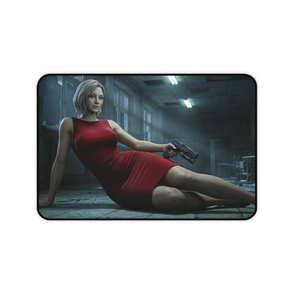 Grace Ashcroft Desk Mat, Resident Evil Mouse Pad, Stylish Gamer Desk Decor featuring heroine in red dress with gun in moody ruined room