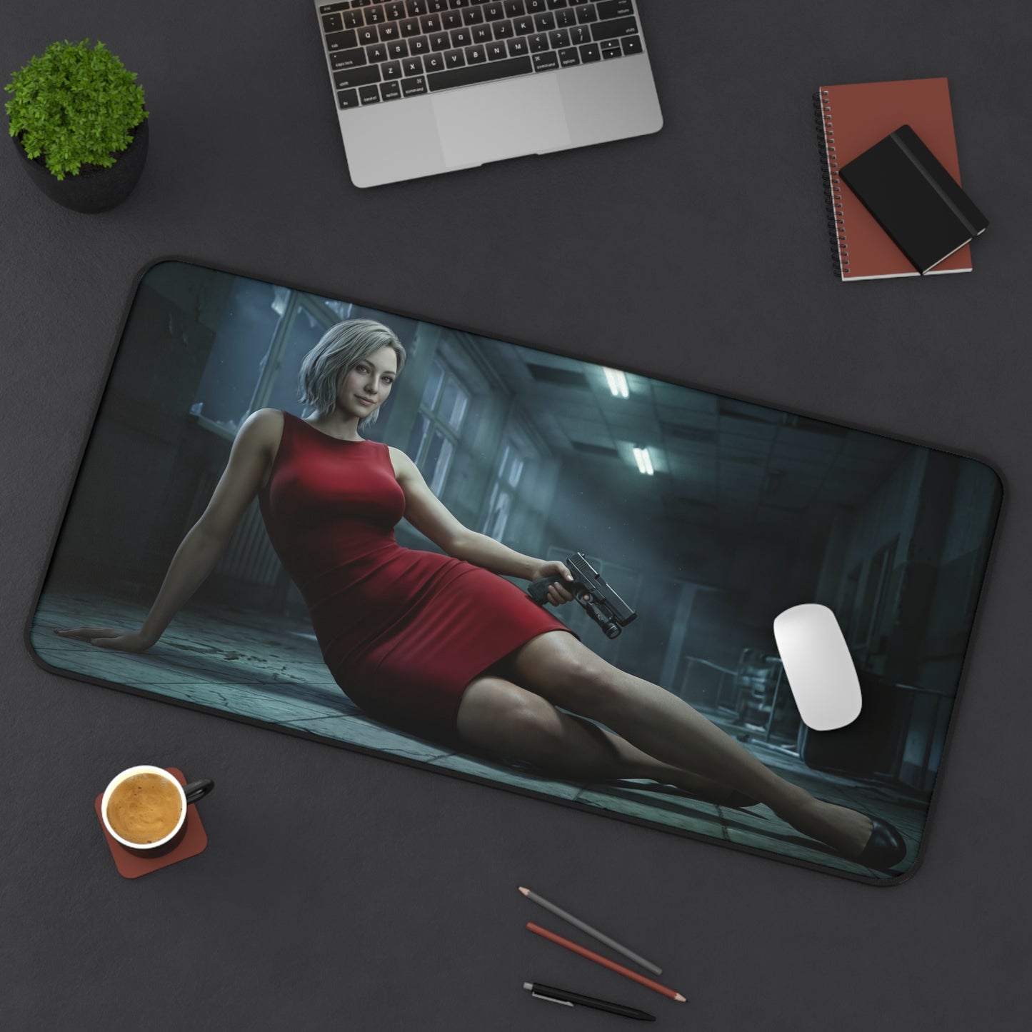 Grace Ashcroft Desk Mat, Resident Evil Mouse Pad, Stylish Gamer Desk Decor featuring cinematic heroine in red dress with gun on gaming desk