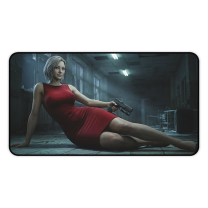 Grace Ashcroft Desk Mat, Resident Evil Mouse Pad, Stylish Gamer Desk Decor featuring heroine in red dress holding pistol in ruined atmospheric room