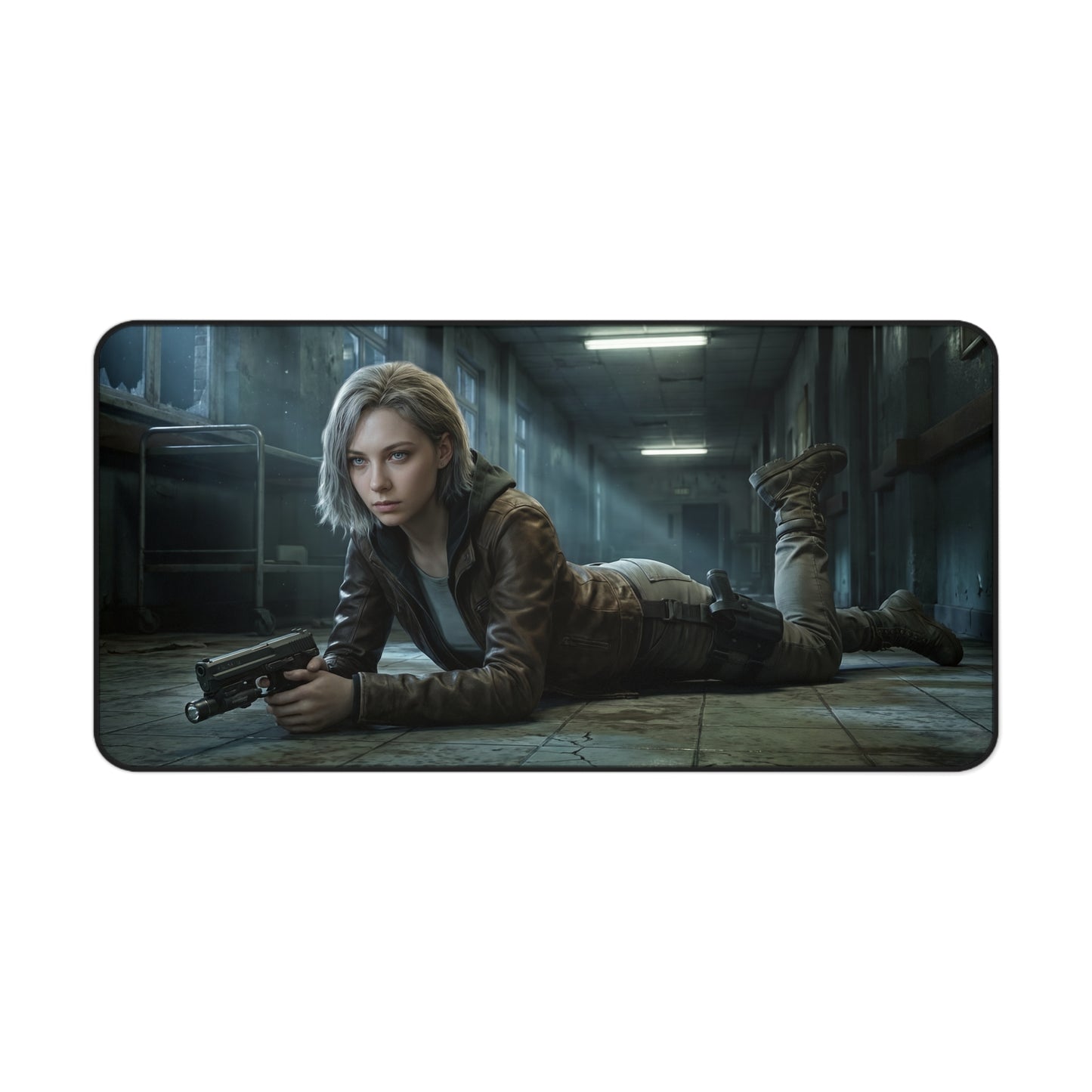 Grace Ashcroft Mouse Pad, Resident Evil Desk Mat, Gamer Setup Desk Decor featuring cinematic heroine prone with pistol in dark corridor
