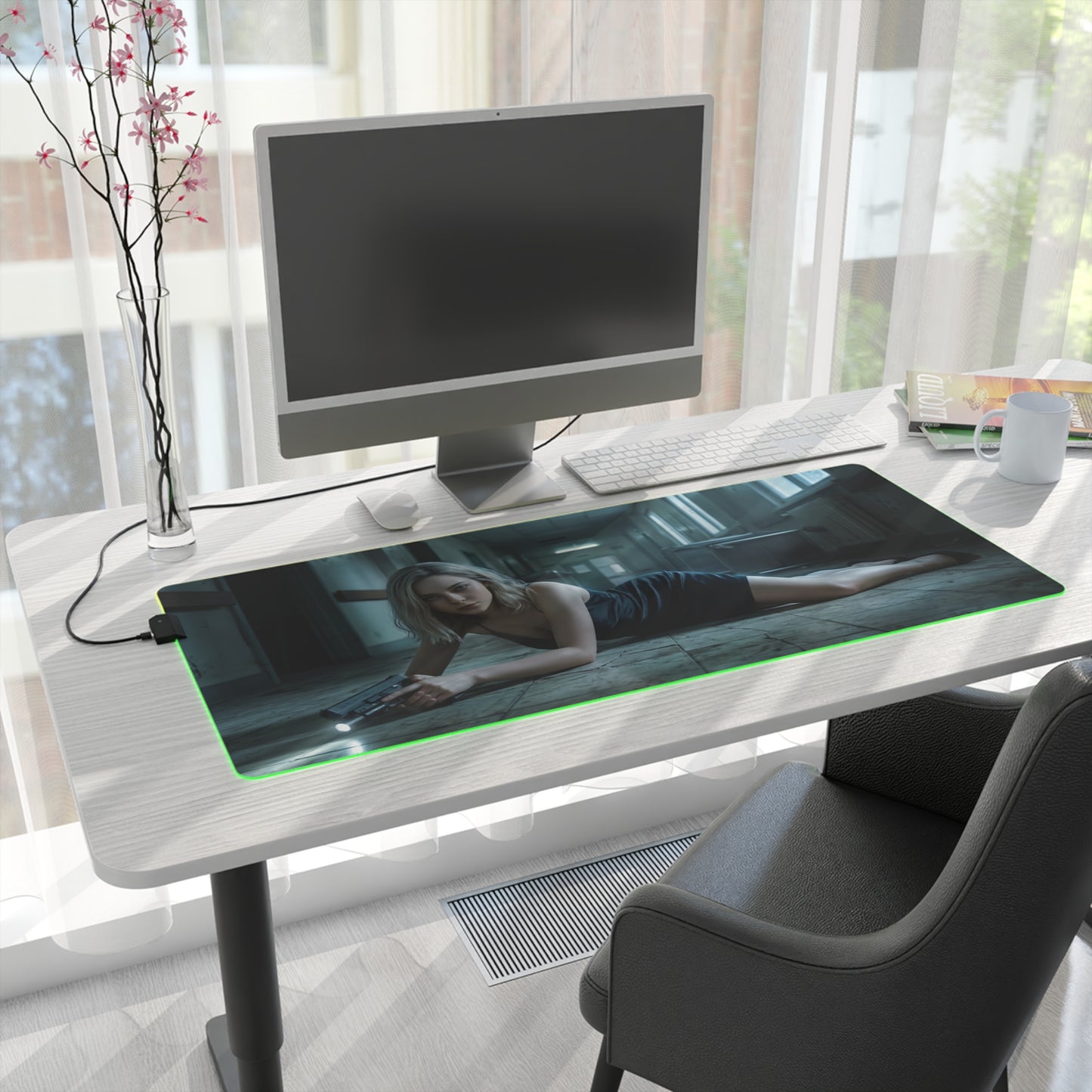 Grace Ashcroft Mouse Pad Large Gaming Resident Evil RGB Desk Mat showing cinematic character artwork on an RGB-lit large gaming desk mat