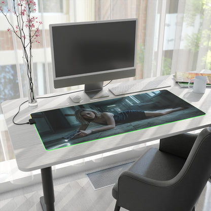 Grace Ashcroft Mouse Pad Large Gaming Resident Evil RGB Desk Mat showing cinematic character artwork on an RGB-lit large gaming desk mat