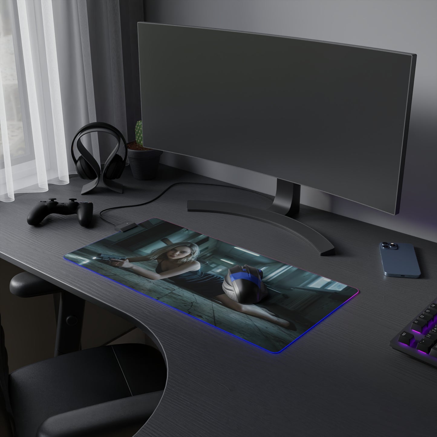 Grace Ashcroft Mouse Pad Large Gaming Resident Evil RGB Desk Mat showing cinematic character artwork on RGB large gaming desk mat with non-slip base