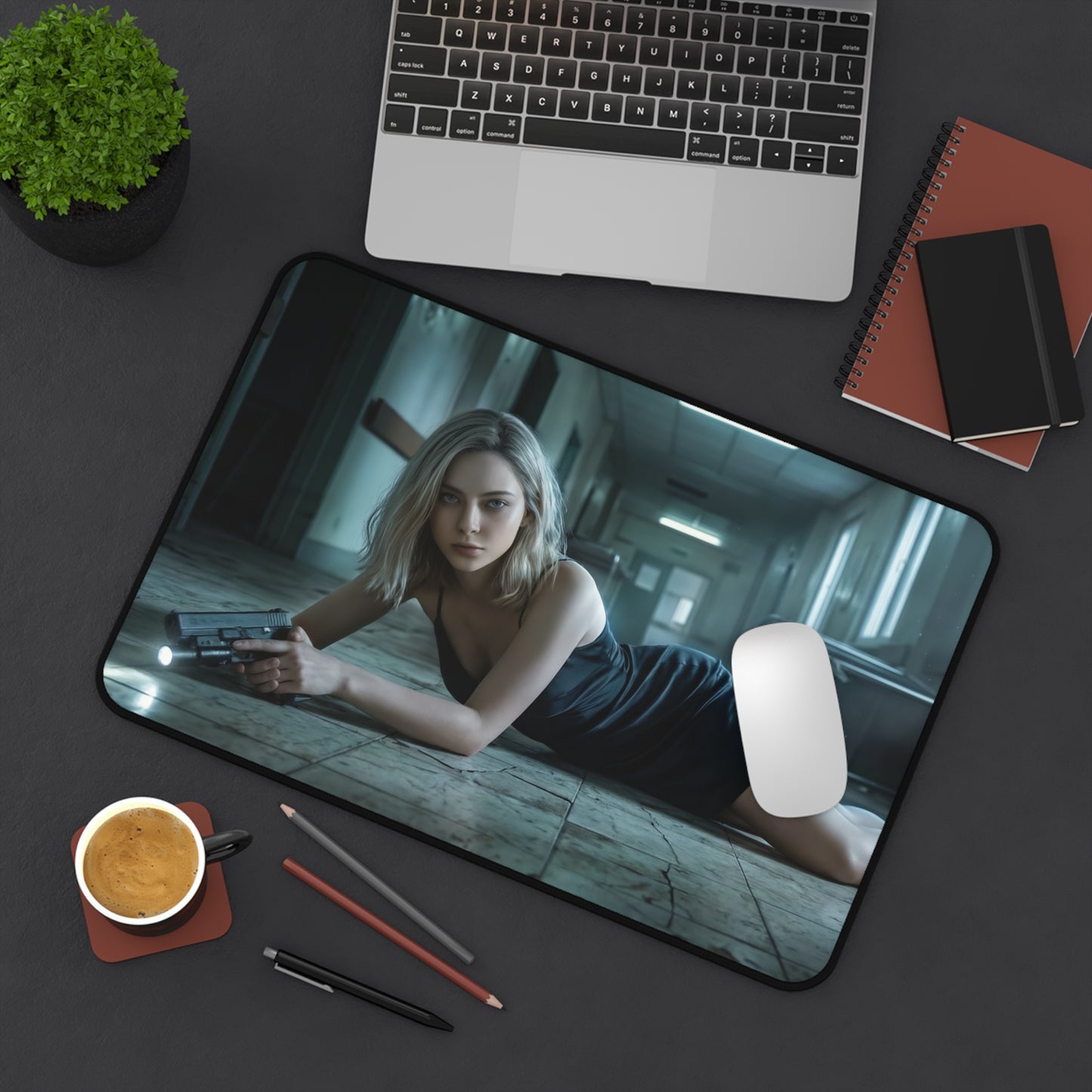 Grace Ashcroft Mouse Pad, Resident Evil Desk Mat, Gift for Gamer — dramatic survival-horror desk mat with heroine aiming handgun on floor