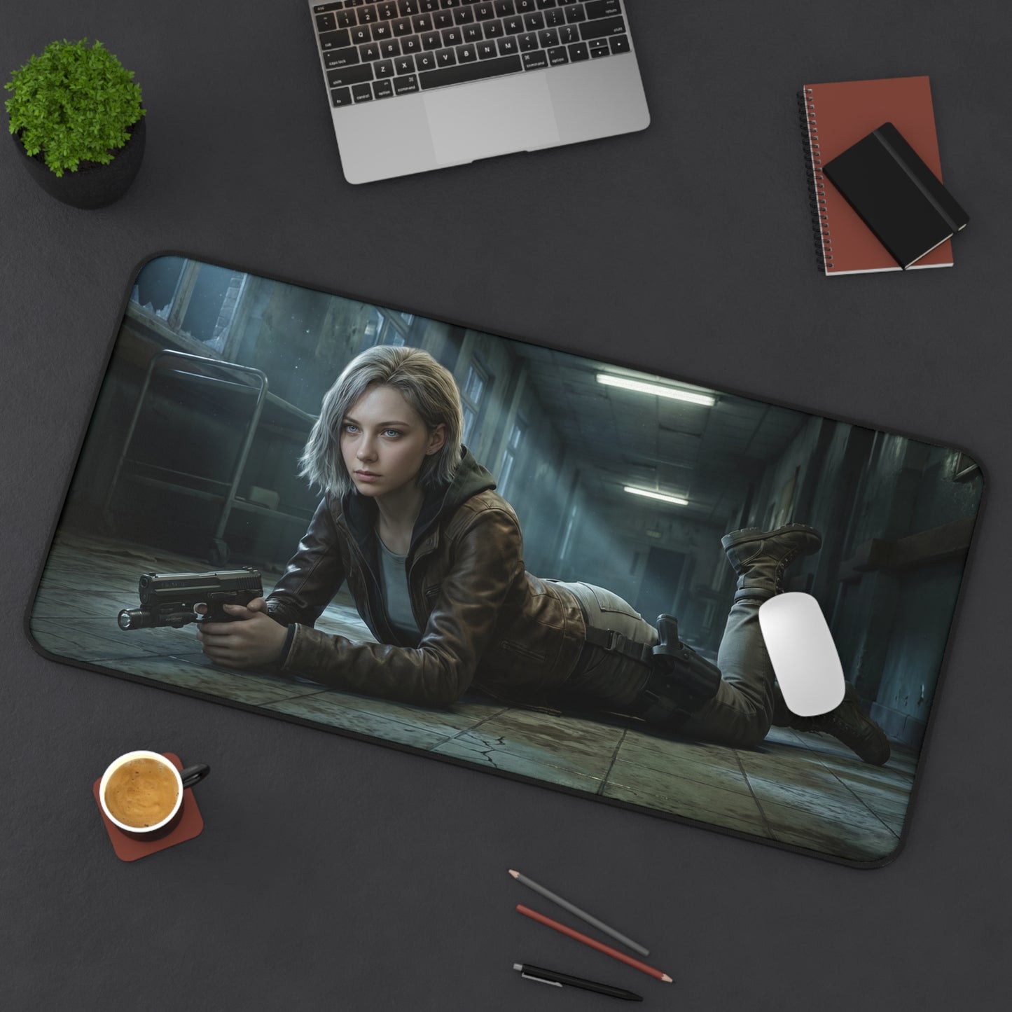 Grace Ashcroft Mouse Pad, Resident Evil Desk Mat, Gamer Setup Desk Decor showing heroine artwork with cinematic lighting on a gaming desk