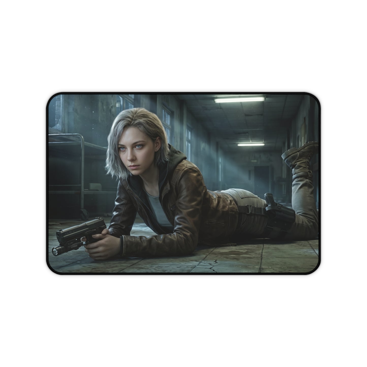 Grace Ashcroft Mouse Pad, Resident Evil Desk Mat, Gamer Setup Desk Decor - cinematic heroine on dark survival-game desk mat