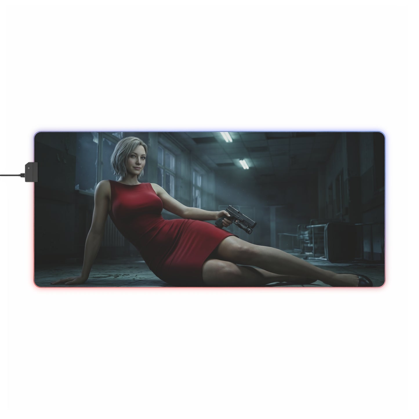 Grace Ashcroft Mouse Pad Resident Evil Gaming Desk Mat RGB Gamer Gift — red-dress character art on RGB large gaming desk mat with pistol