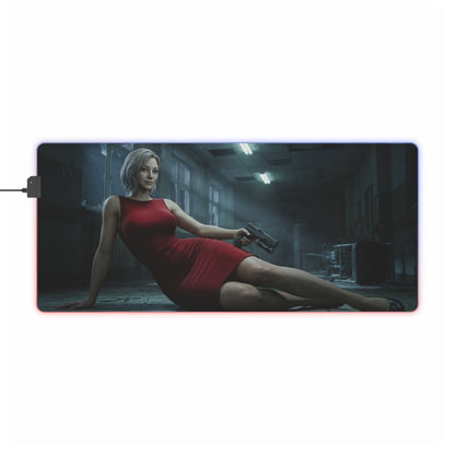 Grace Ashcroft Mouse Pad Resident Evil Gaming Desk Mat RGB Gamer Gift — red-dress character art on RGB large gaming desk mat with pistol