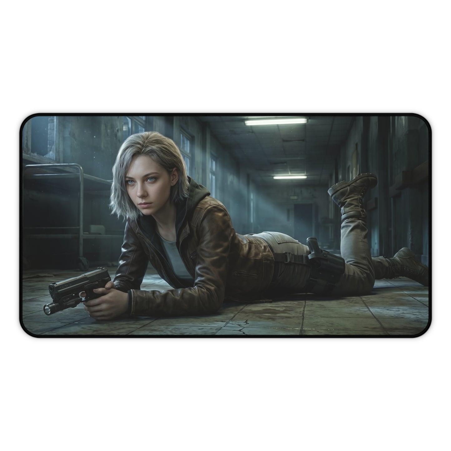 Grace Ashcroft Mouse Pad, Resident Evil Desk Mat, Gamer Setup Desk Decor featuring moody heroine with pistol in dim survival-horror corridor