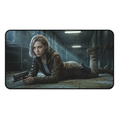 Grace Ashcroft Mouse Pad, Resident Evil Desk Mat, Gamer Setup Desk Decor featuring moody heroine with pistol in dim survival-horror corridor